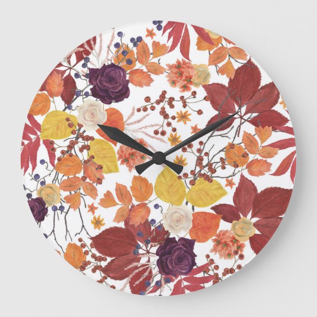 Reloj Redondo Grande Hojas y Rosas de acuarela de otoño (Anverso)