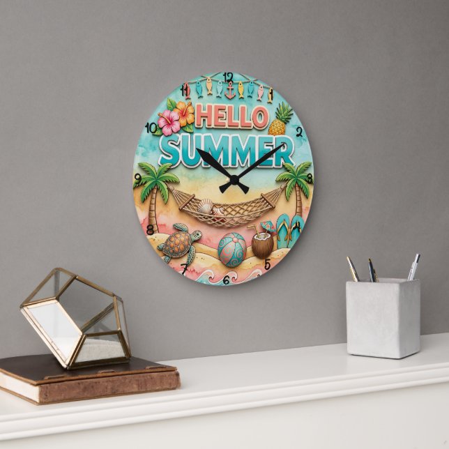 Reloj Redondo Grande Hola Hamaca Tropical de Verano (Oficina)