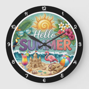 Reloj Redondo Grande Hola Verano Castillo de Arena Tropical