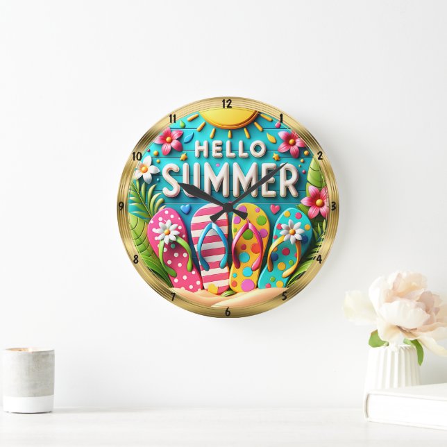 Reloj Redondo Grande Hola verano Flip Flops Beach (Hogar)