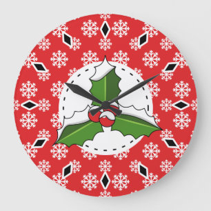 Reloj Redondo Grande Holly Berry on Red White Snowflakes Pattern