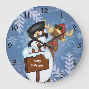 Reloj Redondo Grande Hombre de nieve y reno