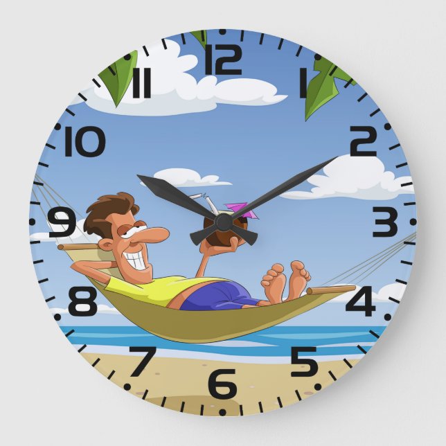 Reloj Redondo Grande Hombre Divertido Relajándose en Hamaca de Playa (Anverso)