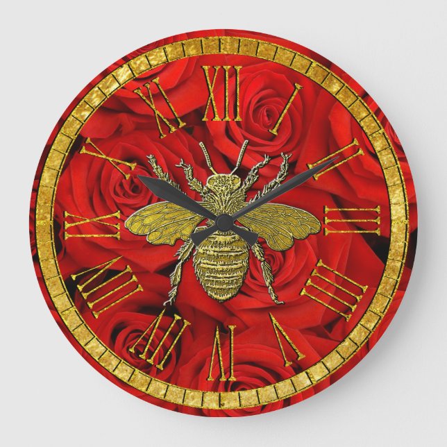 Reloj Redondo Grande Honey Bee in Gold and Red Roses (Anverso)