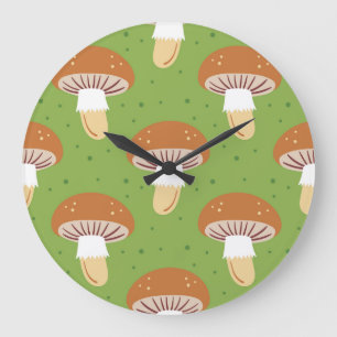 Reloj Redondo Grande Hongos otoñales: patrón sin costuras verde.