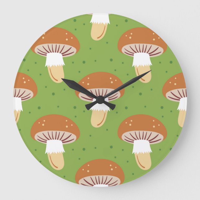 Reloj Redondo Grande Hongos otoñales: patrón sin costuras verde. (Anverso)