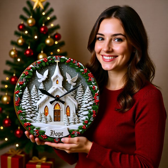 Reloj Redondo Grande Hope White Church Snow Doves (Subido por el creador)