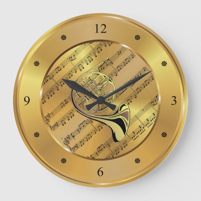 Reloj Redondo Grande Horno francés ~ Hoja Música ~ Fondo de oro ~ (Anverso)