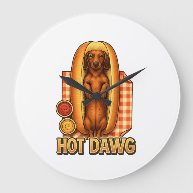 Reloj Redondo Grande Hot Dawg Funny Dachshund Hot Dog Parody Cute Dog  (Anverso)