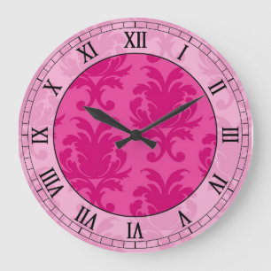 Reloj Redondo Grande hot pink on pink chic damask roman numerals