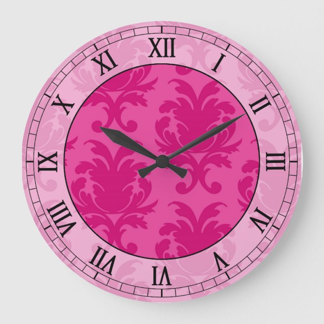 Reloj Redondo Grande hot pink on pink chic damask roman numerals (Anverso)