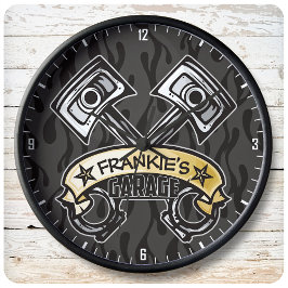 Reloj Redondo Grande Hot Rod Pistons Ghost Flames Custom NAME Garage