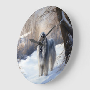 Reloj Redondo Grande Hound afgano deja que nieve Navidades
