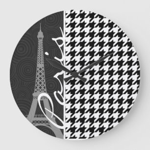 Reloj Redondo Grande Houndstooth negro y blanco; París
