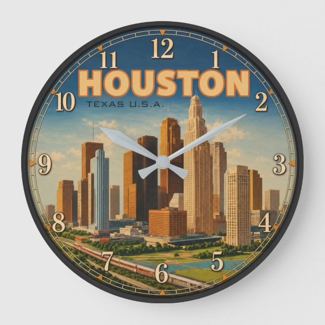 Reloj Redondo Grande Houston Texas Skyline  (Anverso)