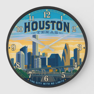 Reloj Redondo Grande Houston Texas Skyline Vintage Travel Poster