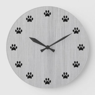 Reloj Redondo Grande Huellas de pata negras como números Madera rústica