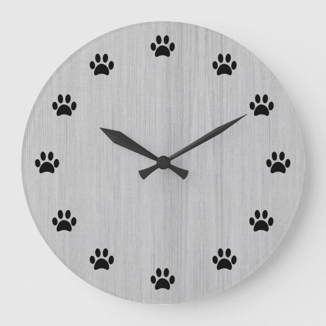 Reloj Redondo Grande Huellas de pata negras como números Madera rústica (Anverso)
