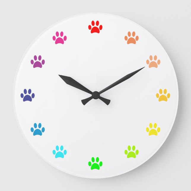 Reloj Redondo Grande Huellas de patas pintadas de arcoíris como números (Anverso)