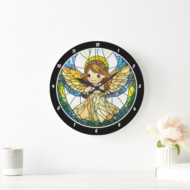 Reloj Redondo Grande Hues celestiales" - Pared ángel de vidrio manchado (Hogar)
