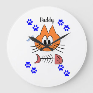 Reloj Redondo Grande Huesos De Pescado Gato Paws Mews Clock