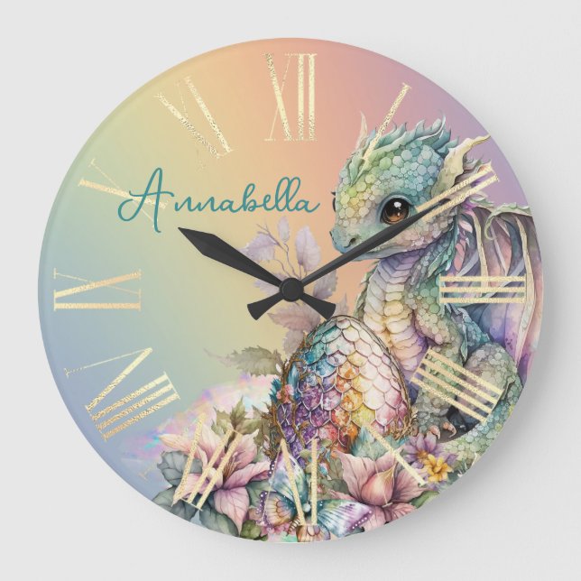 Reloj Redondo Grande Huevo de Dragón Bebé Adorable en Arcoíris (Anverso)
