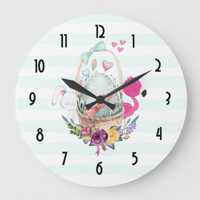 Reloj Redondo Grande Huevo dulce en una canasta con flamenco y conejo (Anverso)