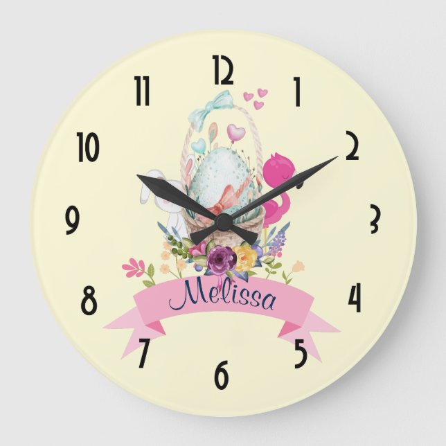 Reloj Redondo Grande Huevo lindo, flamenco rosado y conejito, acuarela (Anverso)