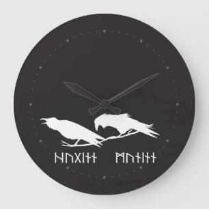Reloj Redondo Grande Huginn y Muninn Cuervos Vikingos Tinta Nórdica