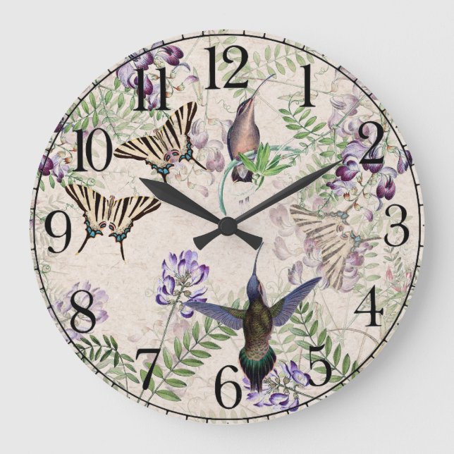 Reloj Redondo Grande Hummingbird Birds Butterfly Floral Wall Clock (Anverso)