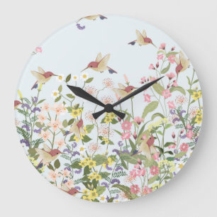 Reloj Redondo Grande Hummingbird Floral Garden Vintage Ilustracion