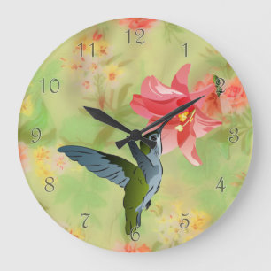 Reloj Redondo Grande Hummingbird y Lirio Rosa en patrón floral