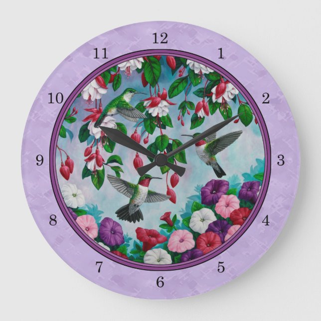 Reloj Redondo Grande Hummingbirds Flores de fucsia rosa Lavanda (Anverso)
