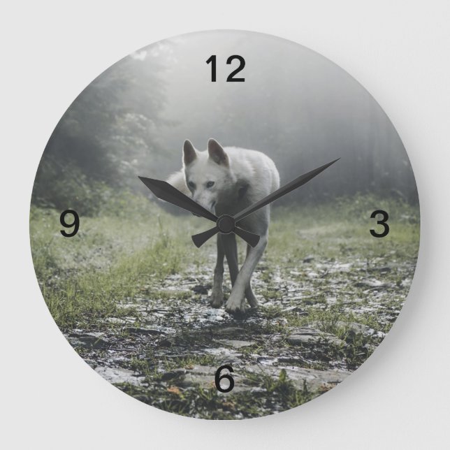 Reloj Redondo Grande Husky Siberiano Blanco (Anverso)