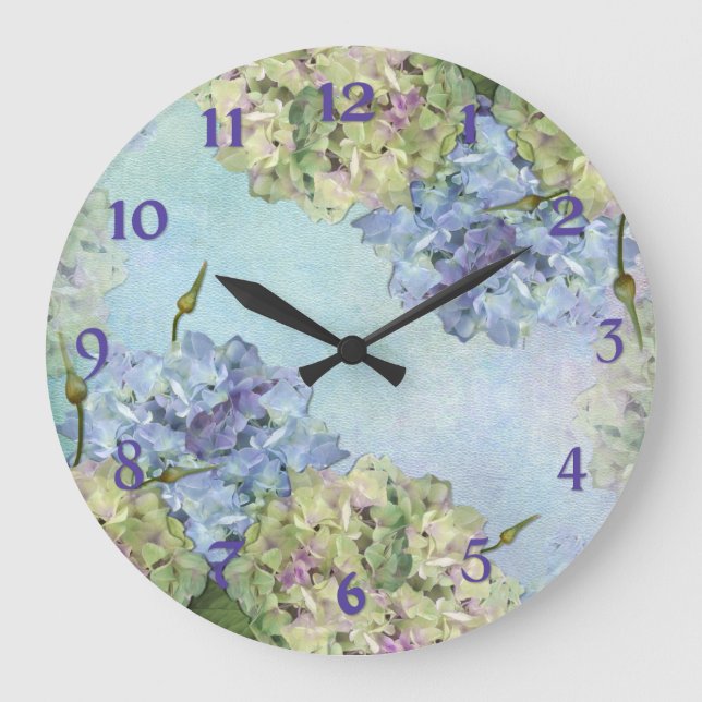 Reloj Redondo Grande Hydrangea de la acuarela floral (Anverso)