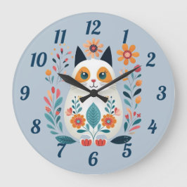 Reloj Redondo Grande Hygge White Flower Cat Folk Art