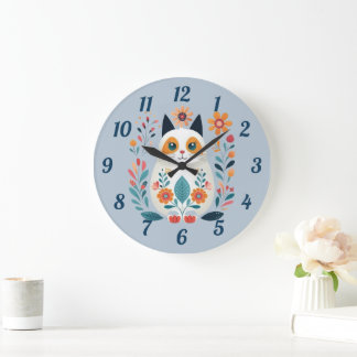 Reloj Redondo Grande Hygge White Flower Cat Folk Art