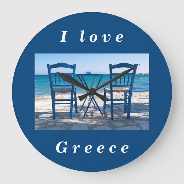 Reloj Redondo Grande I love Greece taverna photo blue and white (Anverso)