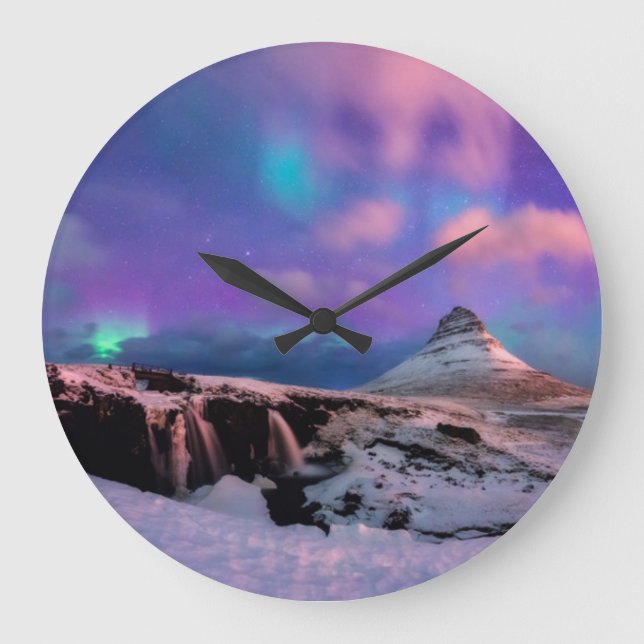Reloj Redondo Grande Ice & Snow | Northern Lights,  Kirkjufell Mountain (Anverso)