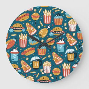 Reloj Redondo Grande Iconos de comida rápida: Doodles antiguos