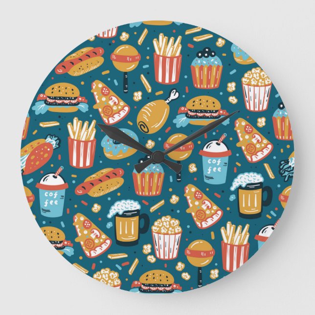 Reloj Redondo Grande Iconos de comida rápida: Doodles antiguos (Anverso)