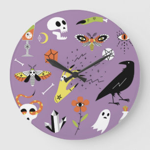 Reloj Redondo Grande Iconos de Halloween, conjunto de cosechas a mano.