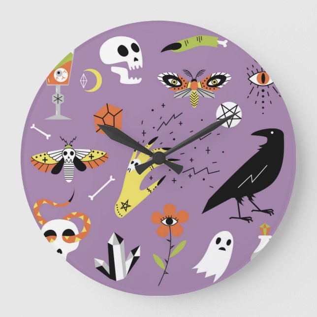 Reloj Redondo Grande Iconos de Halloween, conjunto de cosechas a mano. (Anverso)