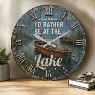 Reloj Redondo Grande I'd Rather Be at the Lake House Rustic Vintage 