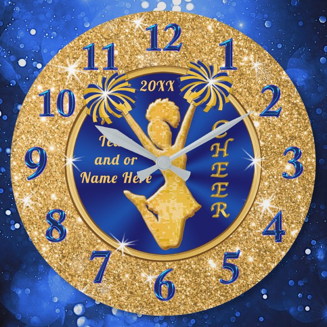 Reloj Redondo Grande Ideas personalizadas de regalo para animadores sup (Senior cheer gift ideas. Cheerleader bedroom decor. Cheerleader Clock. Cheer squad gift ideas. Blue)
