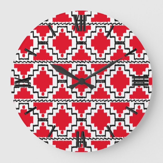 Reloj Redondo Grande Ikat Aztec Pattern - Red, Black and White (Anverso)