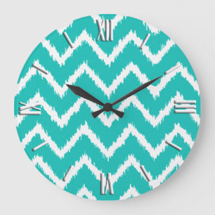 Reloj Redondo Grande Ikat Chevrons - Turquesa y blanco