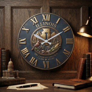 Reloj Redondo Grande Illinois Land of Lincoln State Symbols and Skyline