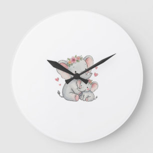 Reloj Redondo Grande Ilustración acuarela de elefante floral madre y be