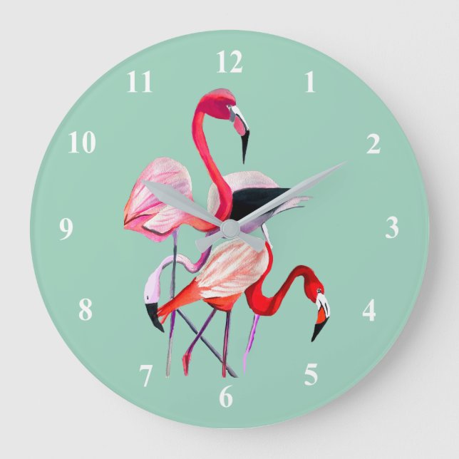 Reloj Redondo Grande Ilustracion acuarela de flamingo rosa divertido (Anverso)